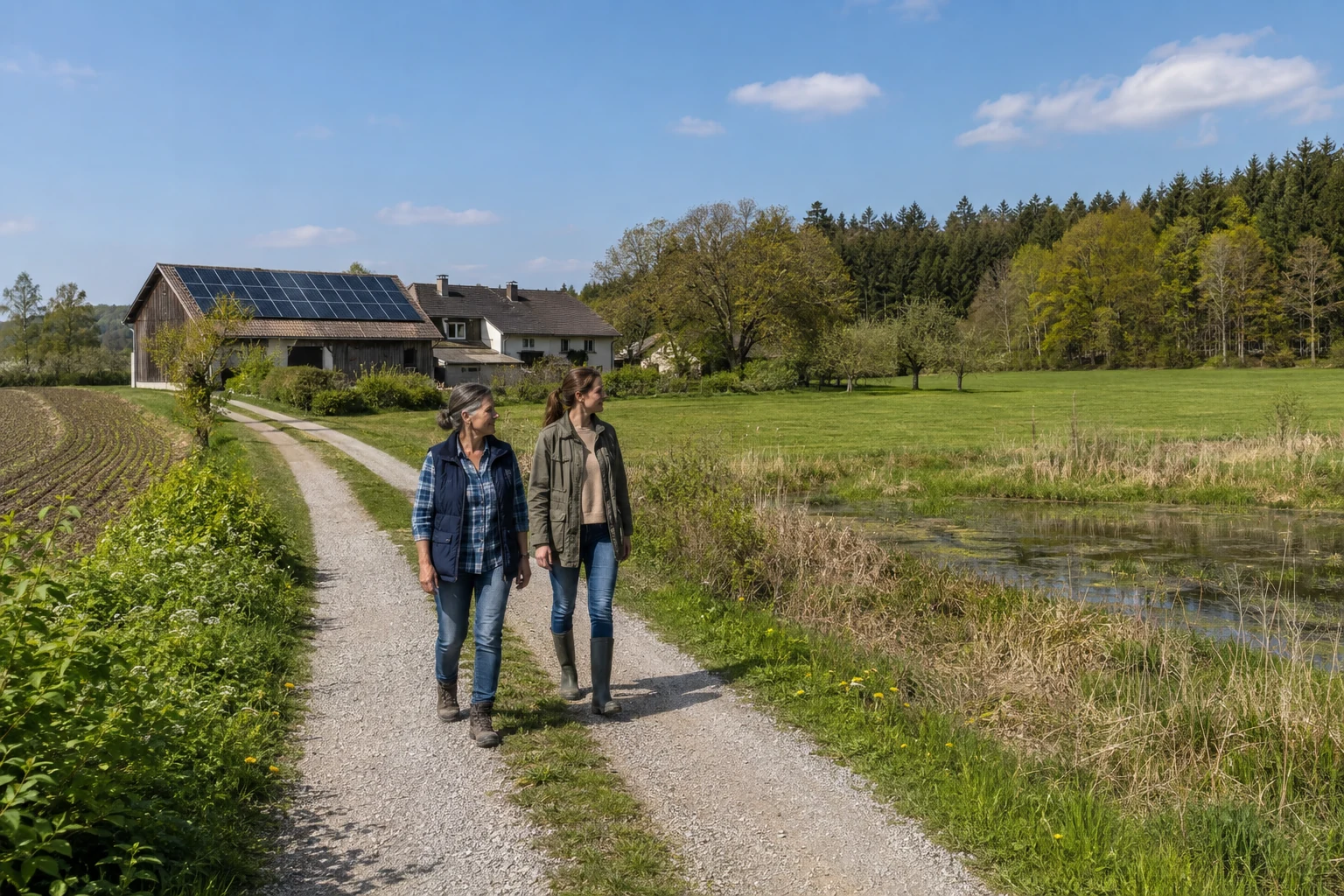 Eigentümerinnen gehen durch eine österreichische Arbeitslandschaft mit Hof, Feldern und Wald
